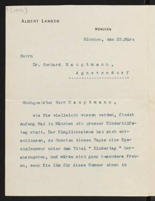 Brief von Albert Langen an Gerhart Hauptmann