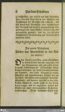Die zwote Abtheilung. Woher das Vortrefliche in den Sitten entstehet?