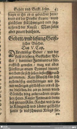 Gebett, und lesung Geistlicher Bücher. Das V. Cap.