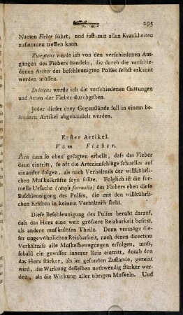 295-311, Einführung. Erster Artikel. Vom Fieber.