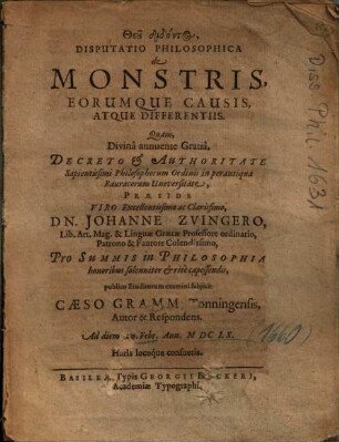 Disputatio Philosophica de Monstris, Eorumque Causis, Atque Differentiis