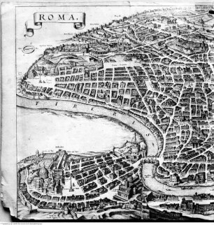 Romplan aus 12 Blättern (Fotos und Einzelblätter aus verschiedenen Sammlungen, meist unbekannter Herkunft)Folio 1: Inschrift "ROMA", Piazza del Popolo, Porta Pinciana - Recens prout hodie iacet almae urbis Romae cum omnibus viis aedificiisque prospectus acuratissime delineatus