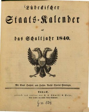 Lübeckischer Staats-Kalender : auf d. Jahr .... 1840