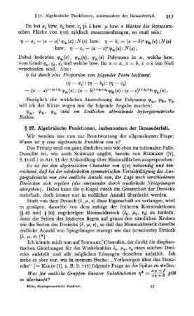 § 57. Algebraische Funktionen, insbesondere der Ikosaederfall.