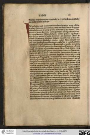 Incipit liber secundus de ministris et ordinibus ecclesiasticis et de eorum officiis.