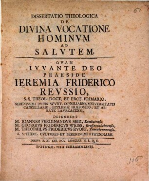 Diss. theol. de divina vocatione hominum ad salutem