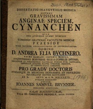 Dissertatio Inavgvralis [Inauguralis] Medica Sistens Gravissimam Anginae Speciem, Cynanchen