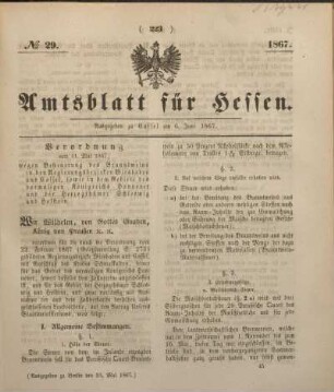 № 29. Ausgegeben zu Cassel am 6. Juni 1867.