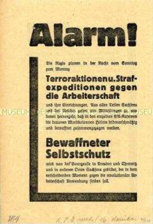 Propagandaflugblatt der KPD zur Reichstagswahl am 31. Juli 1932 mit dem Aufruf zum bewaffneten Selbstschutz gegen eventuelle Provokationen der Nazis