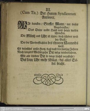 III. (Cum Tit.) Der Herren Syndicorum Antwort