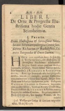 Liberi I. De Ortu & Progressu Illustrismæ hodie Gentis Seinsheimiæ.