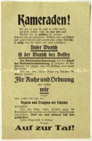Flugblatt gegen die Entente und Aufruf zu öffentlicher Ordnung im Zuge der Novemberrevolution
