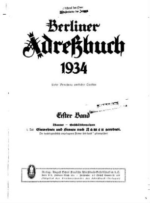 Berliner Adreßbuch 1934 Erster Band