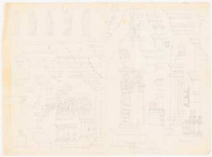 Studien von Gesimsen, Ornamentfeldern, Skulpturen: Studien von Gesimsen, Ornamentfeldern, fünf Skulpturen; Rückseite Studien von Gesimsen