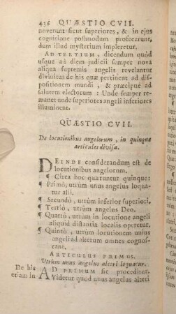 Quaestio CVII. De locutionibus angelorum, in quinque articulos divisa.