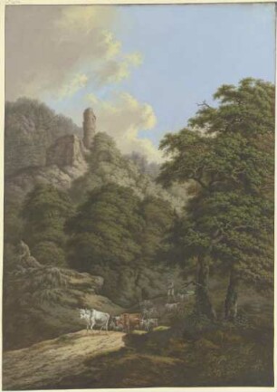 Waldige Berglandschaft mit einer Burgruine, ein Hirte treibt seine Herde von der Weide