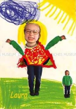 Foto eines Mädchengesichtes kombiniert mit Kinderzeichnung (Sonderthema: Ein Bild von mir - Selbstporträts und Selbstdarstellungen)