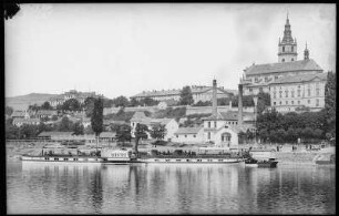 Leitmeritz. Blick auf die Elbe mit Dampfer "Bastei" zum Burgberg mit Dom