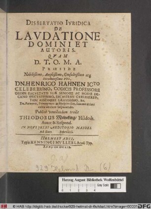 Dissertatio Iuridica De Laudatione Domini Et Autoris