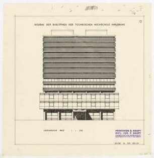 Hochschulbibliothek, Karlsruhe Neubau: Vorprojekt: Neubau der Bibliothek. Längsansicht Westen, 1:200
