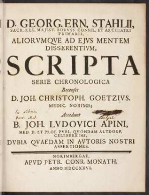 Georg. Ern. Stahlii, aliorumque ad eius mentem disserentium, scripta : serie chronologica