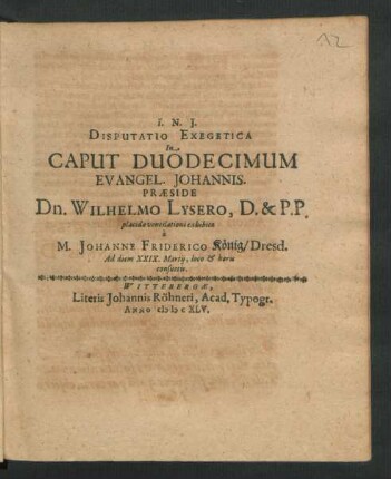 Disputatio Exegetica In Caput Duodecimum Evangel. Johannis