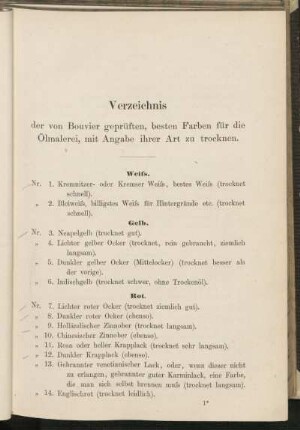 Verzeichnis der von Bouvier geprüften, besten Farben für die Ölmalerei, mit Abgabe ihrer Art zu trocknen.