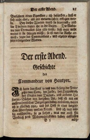Der erste Abend. Geschichte des Commandeur von Hautpre.