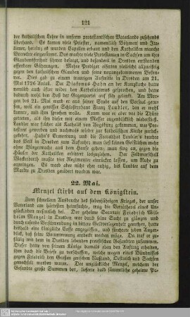 22. Mai. Menzel stirbt auf dem Königstein
