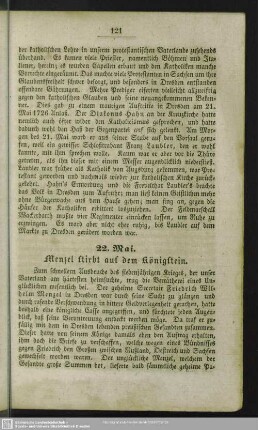 22. Mai. Menzel stirbt auf dem Königstein