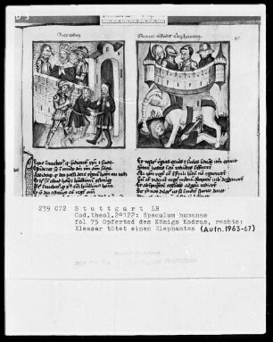 Zwei Schriften — Speculum humanae salvationis — Textseite mit zwei Miniaturen, Folio 75recto
