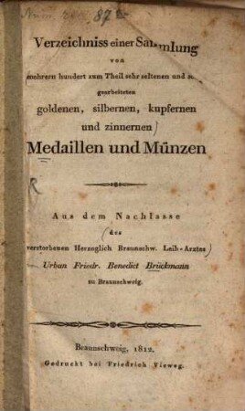 Verzeichniß einer Sammlung von ... goldenen Medaillen und Münzen