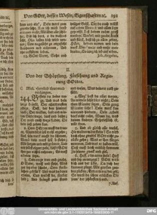 II. Von der Schöpfung, Fürsehung und Regierung Gottes.