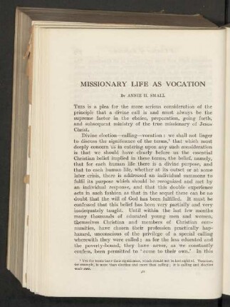 Missionary life as vocation