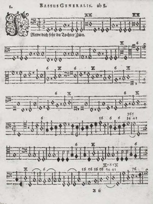 Lohr, Michael: Newe Teutzsche Kirchen Gesänge. Bassus continuus pro organo (Neue deutsche Kirchen-Gesänge für 7 bis 8 Stimmen mit Generalbaß, Continuo-Stimme). 1. Notenseite "Freue dich sehr, du Tochter Zion."; 18,3 x 15 cm. Druck von G. Hoffmann, Freiberg 1629. Dresden: SLUB Mus.Pi.12,11