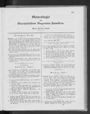 Genealogie der Europäischen Regenten-Familien. Mitte Februar 1884.