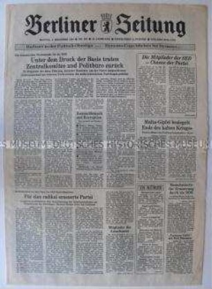 Tageszeitung "Berliner Zeitung" zum Rücktritt des ZK und des Politbüros der SED und zum Parteiausschluss von Honecker, Stoph und anderen