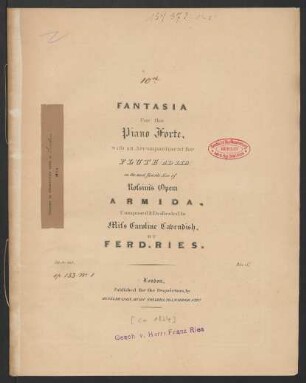 Fantasia for the Piano Forte with an Accompaniment for Flute (Ad Lib) on the moste favorite Airs of Rossini's Opera Armida.