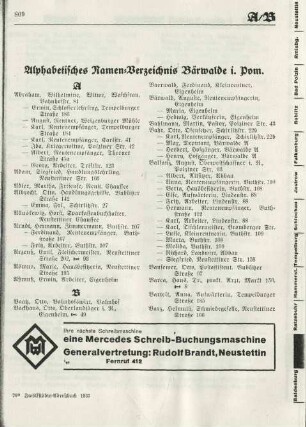 Alphabetisches Namen-Verzeichnis Bärwalde i. Pom.