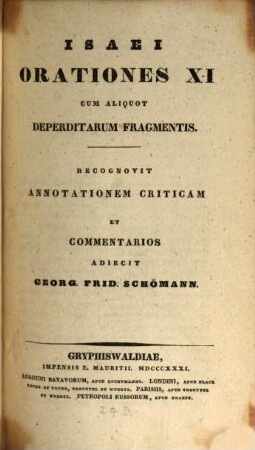 Isaei Orationes XI : cum aliquot deperditarum fragmentis