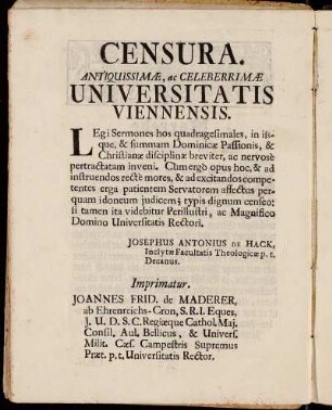 Censura. Antiquissimæ, ac Celeberrimæ Universitatis Viennensis.