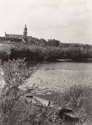 Kitzingen, Blick auf die Stadt : Kitzingen. Altwasser des Main. Blick zur ehemaligen Ursulinerinnenklosterkirche