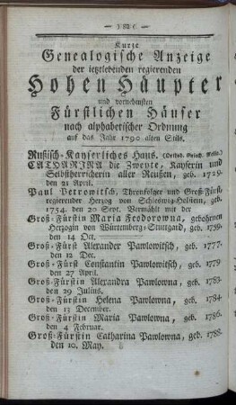 Kurze Genealogische Anzeige der [...] Fürstlichen Häuser [...] auf das Jahr 1790 [...]