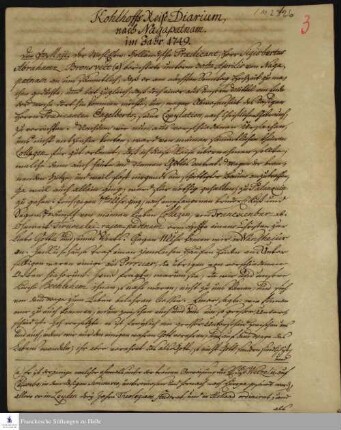 Reisetagebuch von Johann Balthasar Kohlhoff.