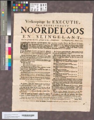 Biljet van verkooping bij executie voor commissarissen van den Hoogen Raad van de heerlijkheid Noordeloos en Slingeland, 1716. Gedrukt in plano.