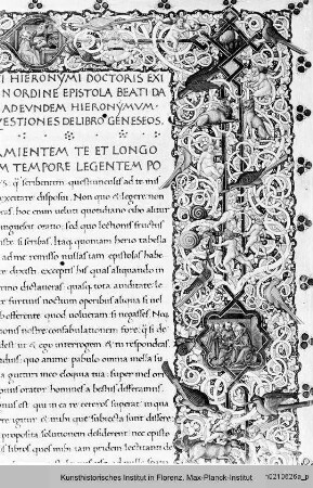 Hieronymus: Epistel : Folio mit Randbordüre, eingeschlossenen Szenen aus dem Leben des Heiligen Hieronymus sowie Prophetenköpfen, Text und historisierte Initiale D mit dem büßenden Hieronymus