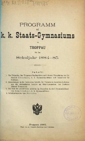 Programm des Staats-Gymnasiums in Troppau. 1884/85