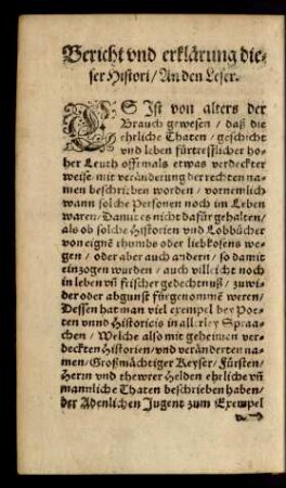 Bericht und erklärung dieser Histori/ An den Leser.