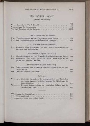 Inhalt des zweiten Bandes (zweite Abteilung)