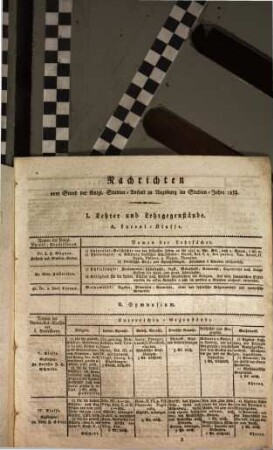 Vorschriftsmässige Nachrichten über den Stand der königlichen Studien-Anstalt zu Augsburg : bekannt gemacht bei der öffentlichen Preise-Vertheilung ... : nebst einem Programm. 1827